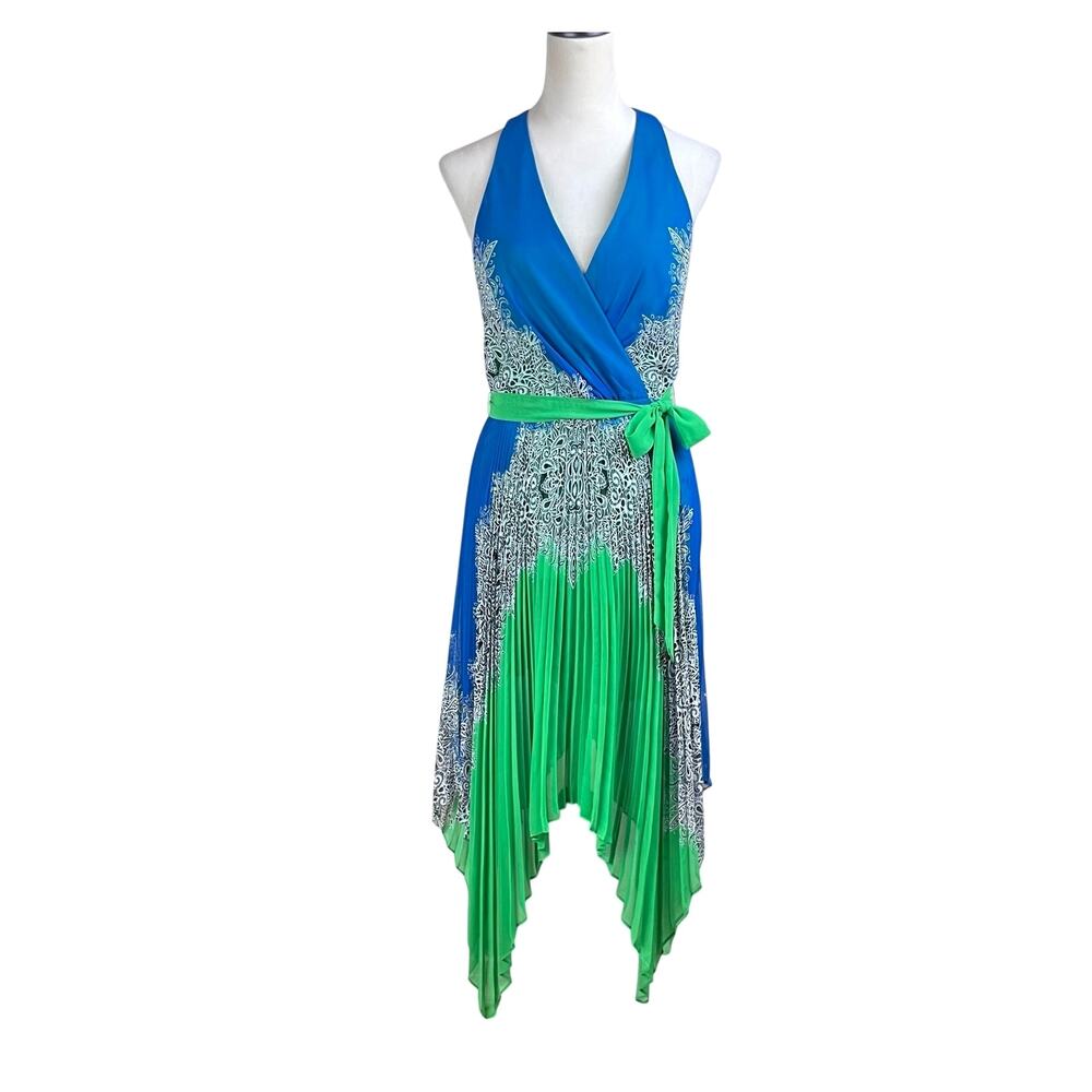 Max and Cleo Green & Blue Print Racerback Accordion Pleat Belted Dress
